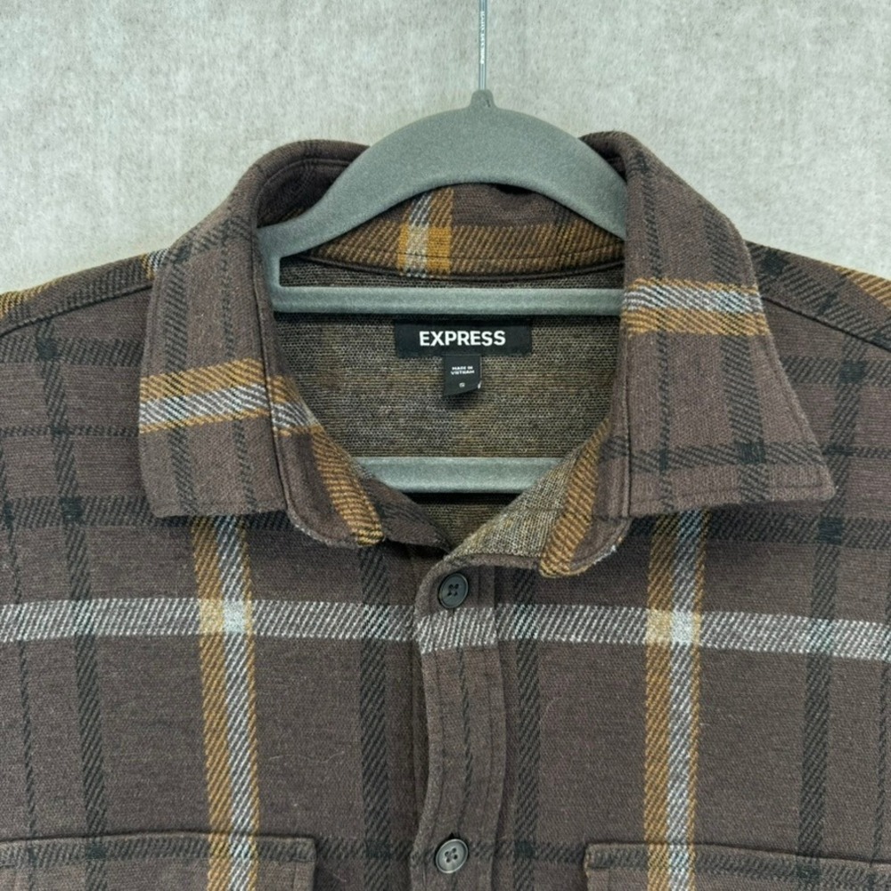 Express Mens Small Brown Plaid Flannel Button Down Shirt Long Sleeve - Picture 2 of 4